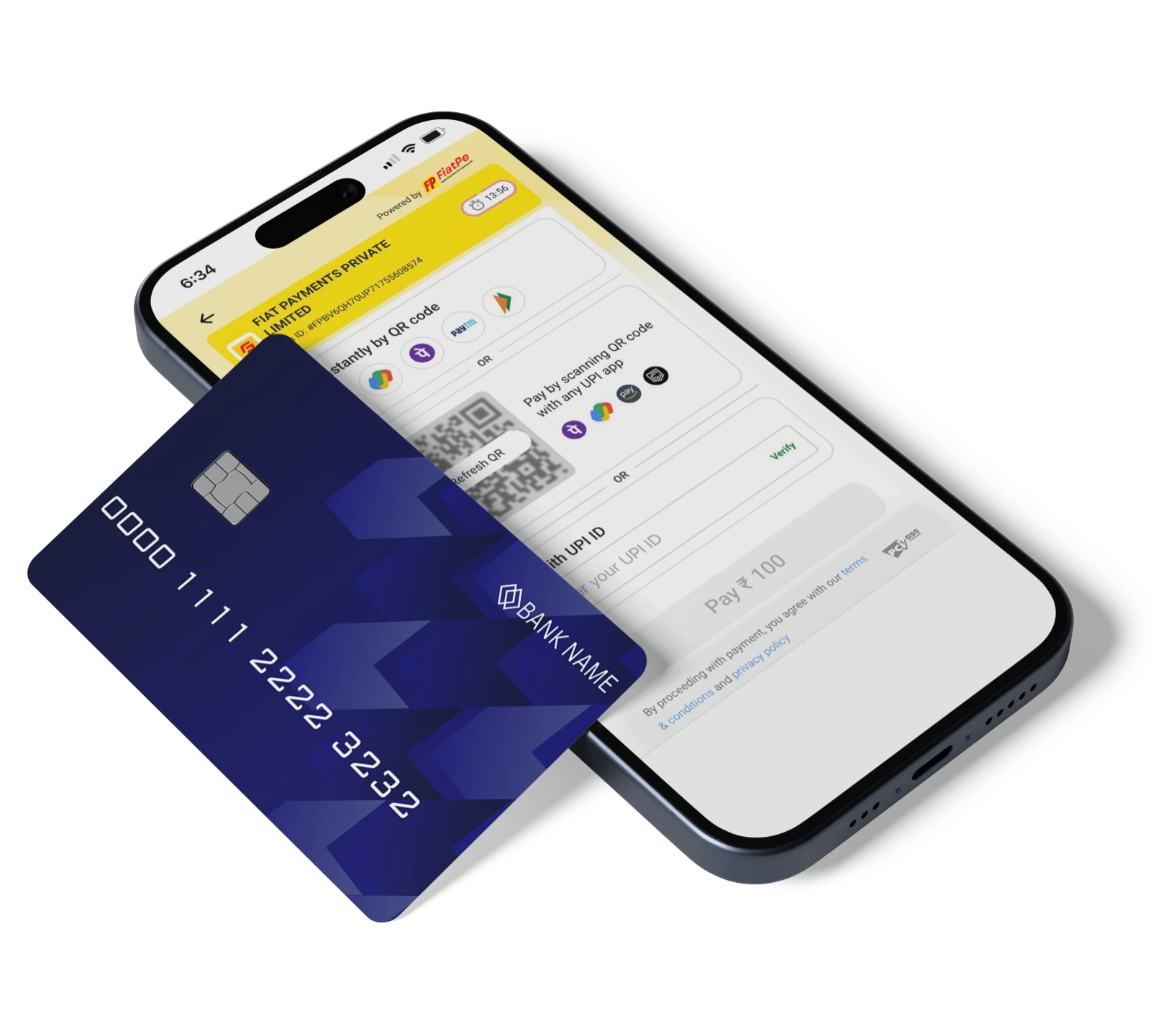 a smartphone with FiatPe dashboard opened in the screen and a card kept aside it which shows we accept all modes of payment and can be seen in our dashboard