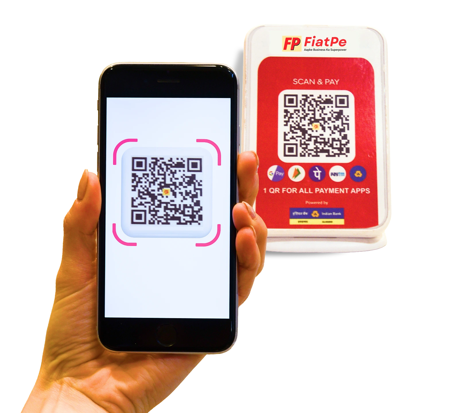 QR In this image, we can see a hand scanning a soundbox to pay the merchant and complete his payment via fiatpe soundbox.