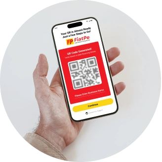 An illustration featuring the FiatPe platform’s “Generate QR” step, showing a digital device displaying the creation of a custom QR code, emphasizing fast and easy generation of instant payment QR codes for merchants through FiatPe.
