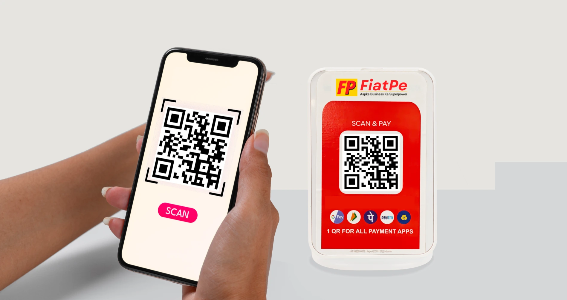 A clean visual representation of the FiatPe Instant QR payment system featuring a smartphone scanning a QR code for quick, secure, and seamless UPI transactions, highlighting FiatPe's user-friendly interface for instant digital payments.
