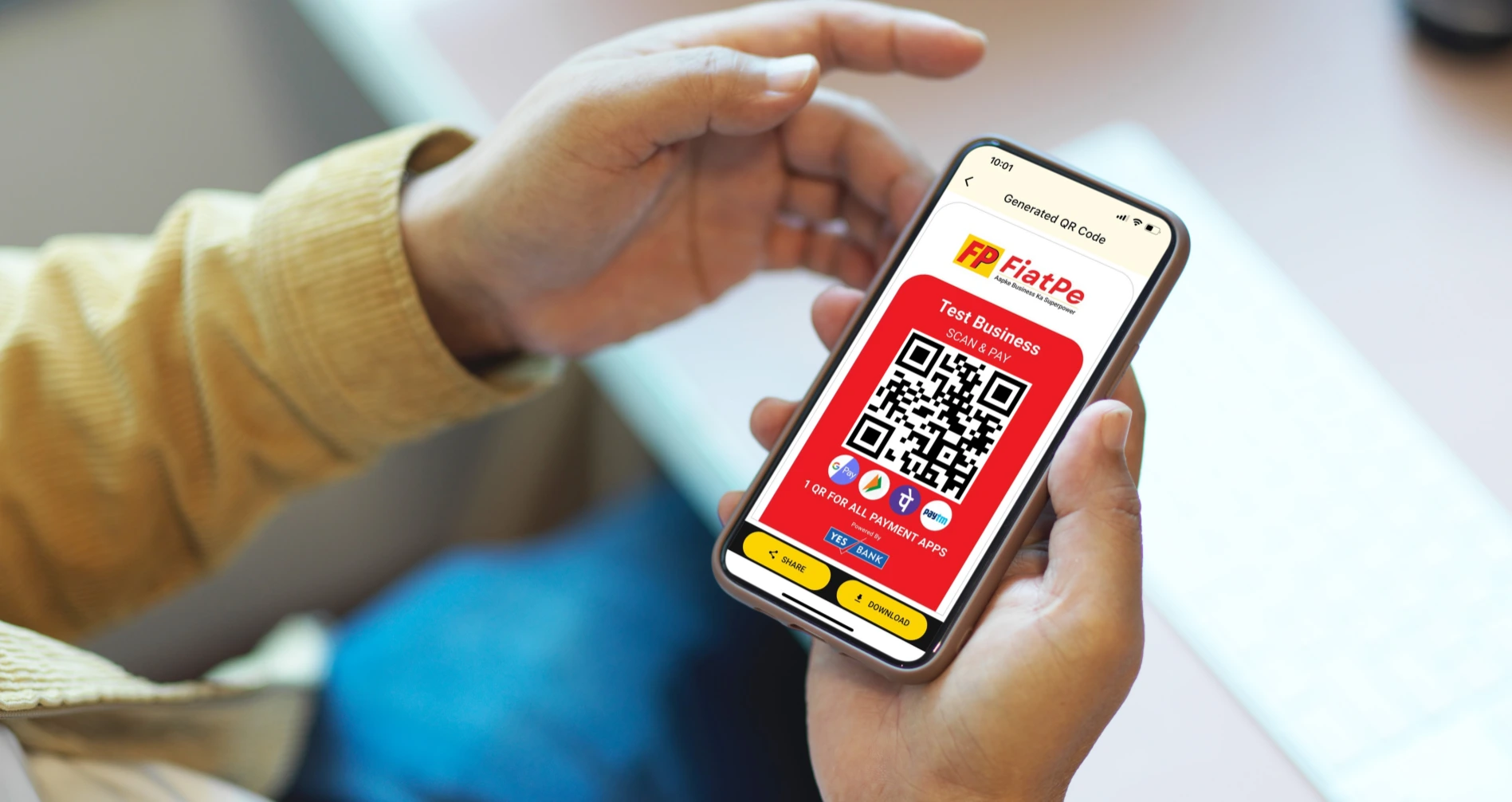 A dynamic infographic showcasing FiatPe Instant QR's fast payment process, illustrating a QR code prominently and symbols of various digital payment methods, emphasizing FiatPe's ease of use and instant transaction capabilities for merchants and customers.
