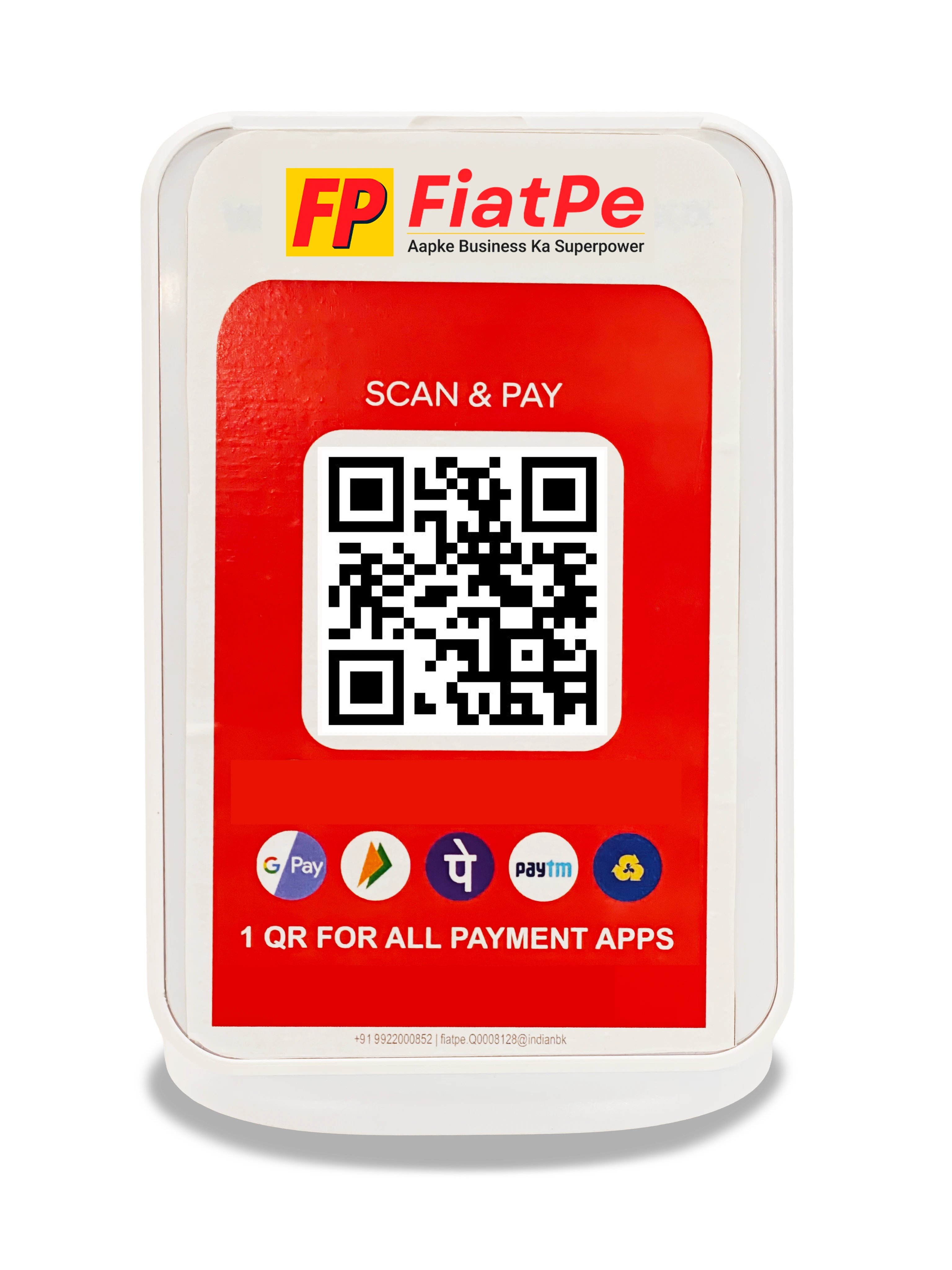 The image displays a FiatPe Instant QR standee in the center with the headline “Why Businesses Choose FiatPe Instant QR?” surrounded by icons highlighting benefits such as instant setup, zero hardware needed, real-time notifications, no hidden charges, universal acceptance, and safe & secure transactions, showing a single QR working for all major payment apps.