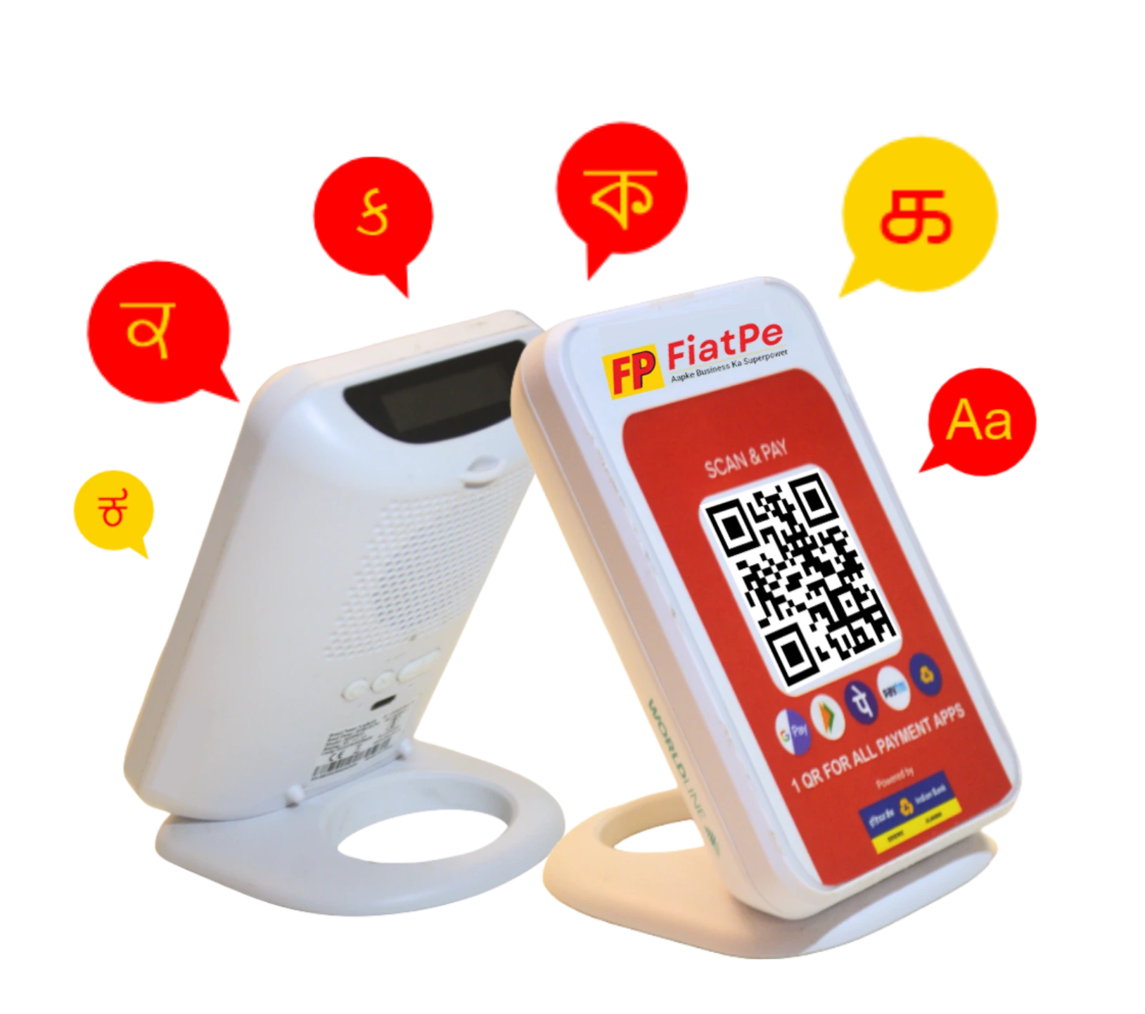 The image features a FiatPe Smart Speaker and Instant QR standee at the center, surrounded by icons that describe key benefits: hands-free transactions, instant payment alerts, accessibility for everyone, seamless integration, privacy and security built in, and multi-language support, visually highlighting why businesses should choose FiatPe’s smart payment solutions.